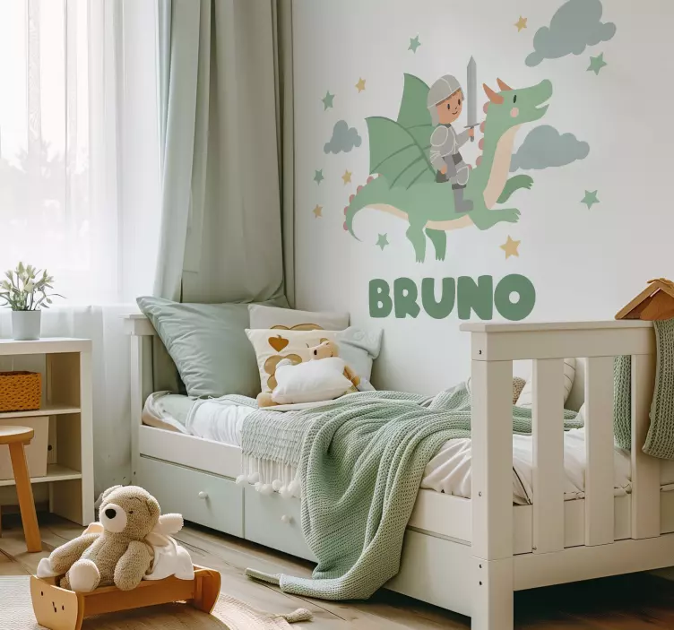 Adesivo murale illustrazione piccolo cavaliere su un drago - TenStickers