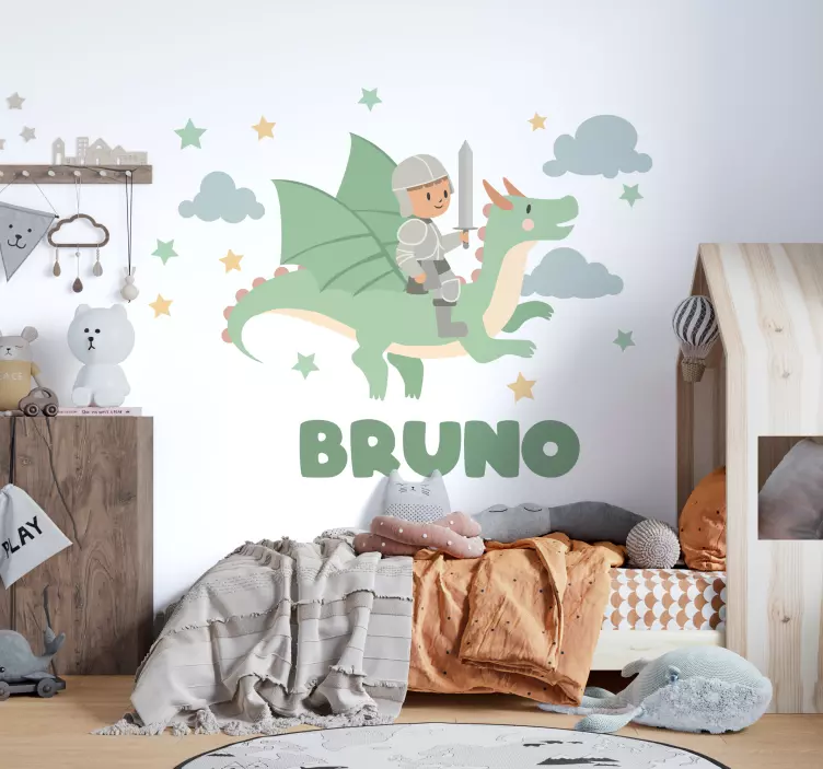 Adesivo murale illustrazione piccolo cavaliere su un drago - TenStickers