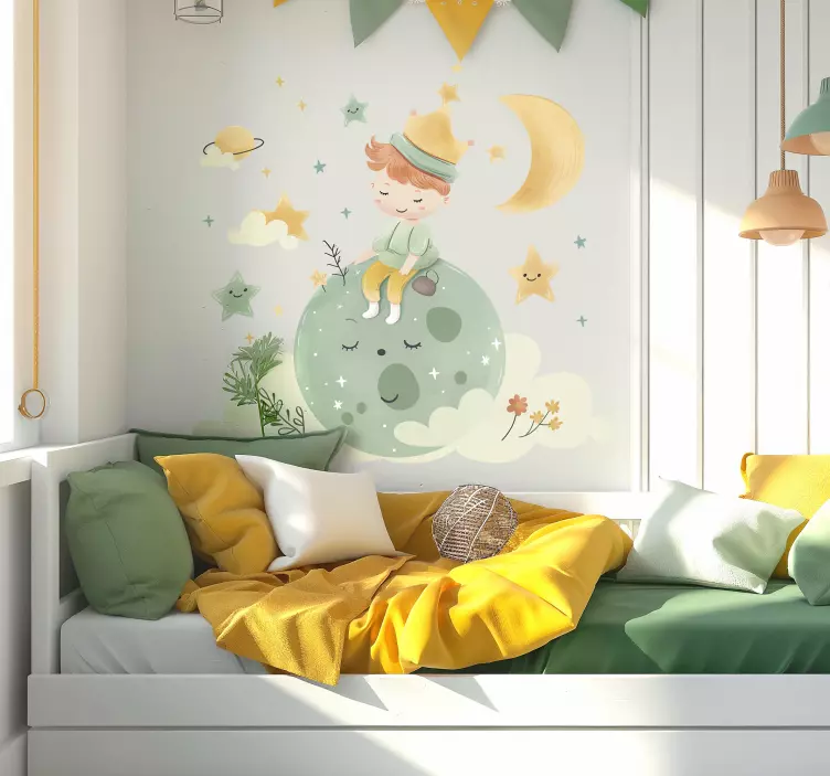 Sticker cameretta bambino felice sulla luna - TenStickers