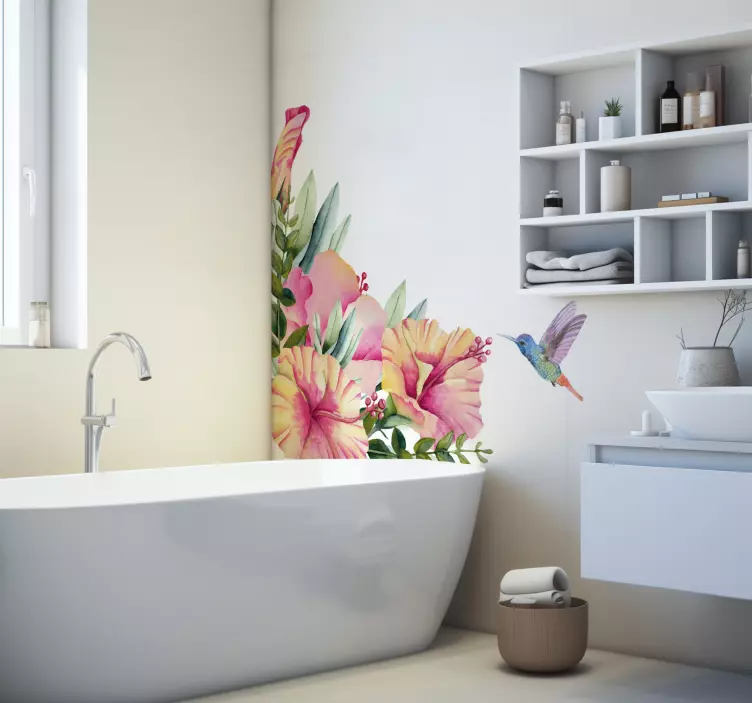 Adesivo bagno fiori con colibrì - TenStickers
