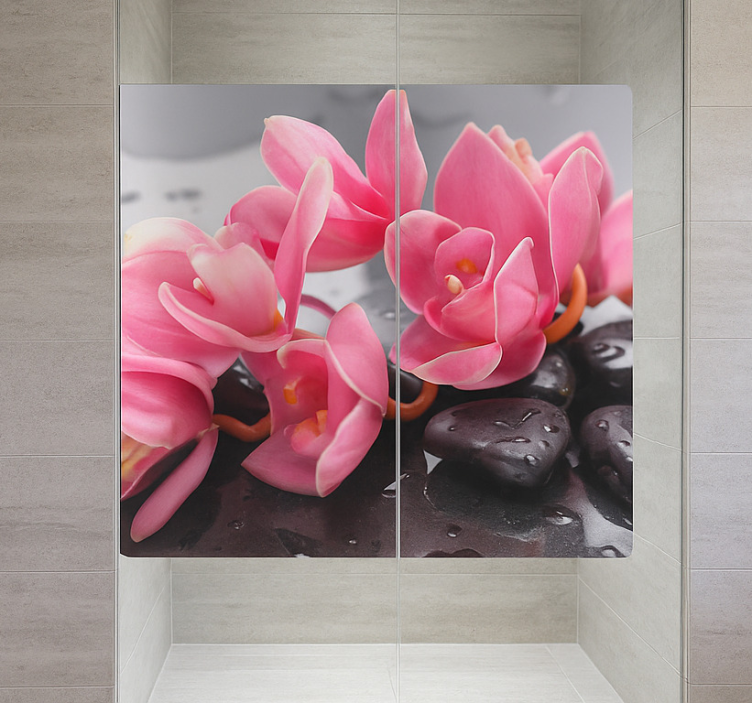 Adesivo bagno orchidee rosa sulle pietre - TenStickers