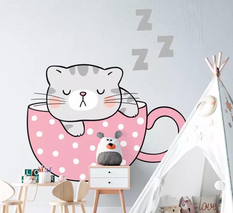 Sticker cane e gatto gatto dorme sulla tazza - TenStickers