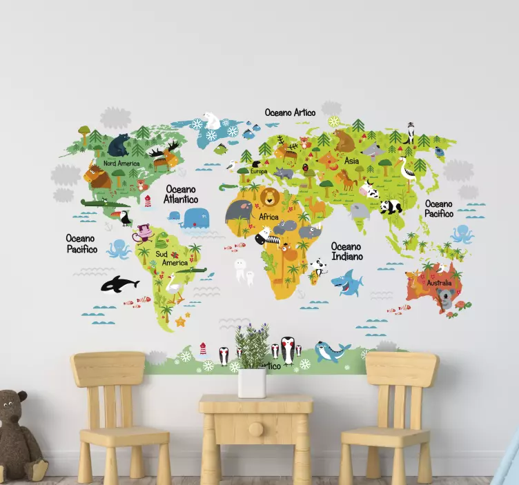 Adesivo murali mappamondo con relativi animali - TenStickers
