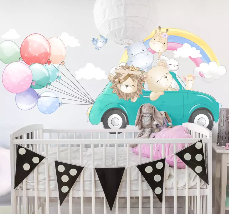 Adesivo murale bambini macchina avventurosa per animali - TenStickers