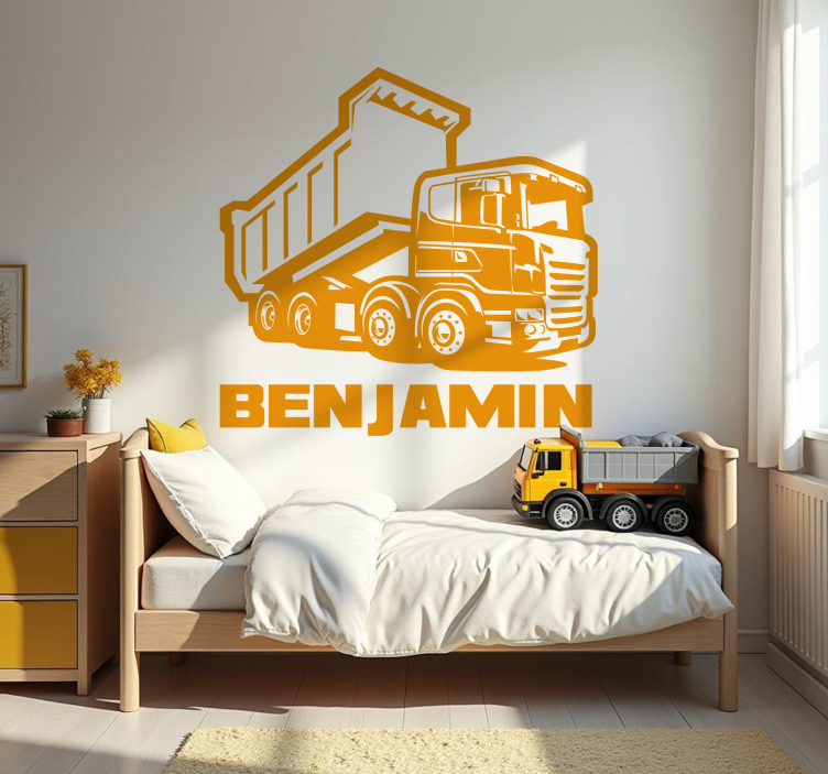 Adesivo murale bambini camion da costruzione con nome - TenStickers