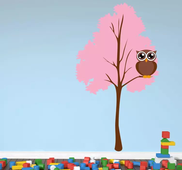 Adesivo murale albero rosa con gufo - TenStickers