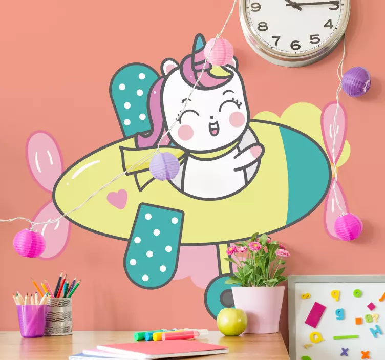 Adesivo murale bambini aeroplano unicorno felice - TenStickers