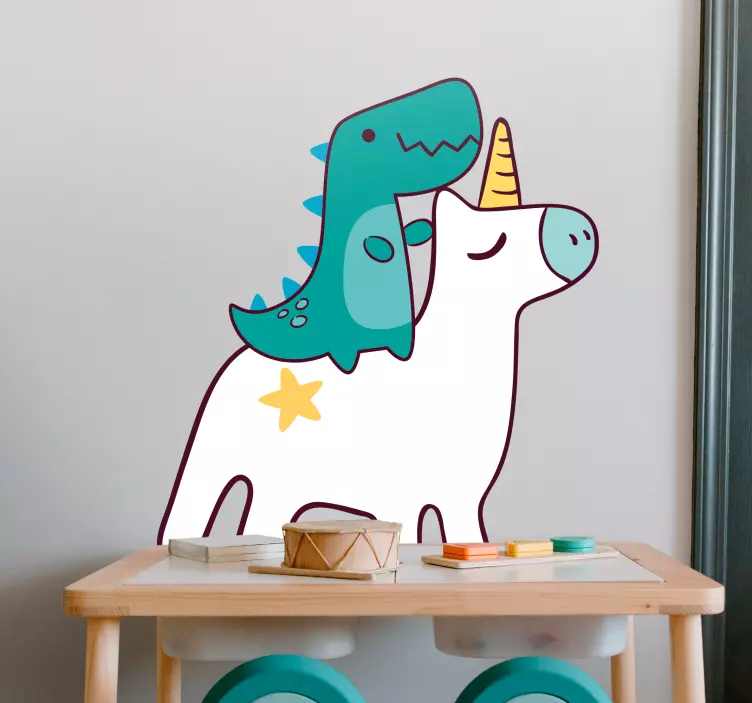 Adesivo murale bambini dinosauro che cavalca un unicorno - TenStickers