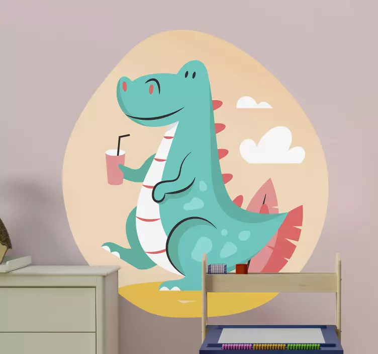 Adesivo murale bambini dinosauro felice con bevanda - TenStickers