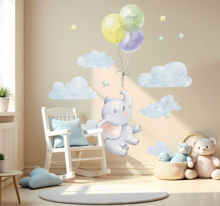 Adesivo murale bambini elefante con palloncino e nome - TenStickers