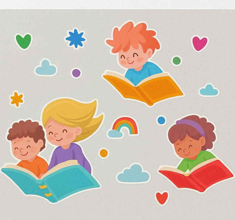 Adesivo murale bambini libri fluttuanti e bambini - TenStickers