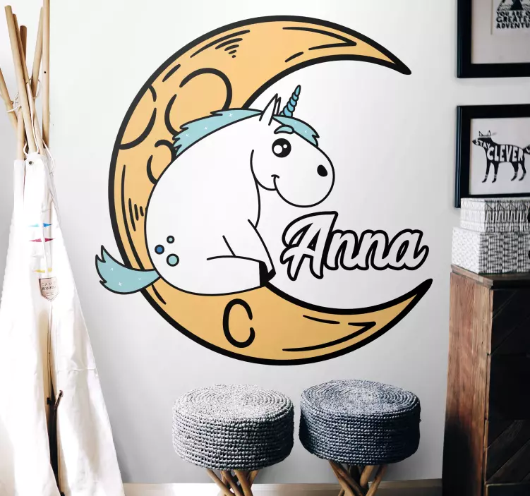 Adesivo murale bambini luna unicorno personalizzata - TenStickers