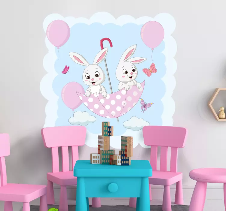 Adesivo murale bambini ombrello coniglietto carino - TenStickers