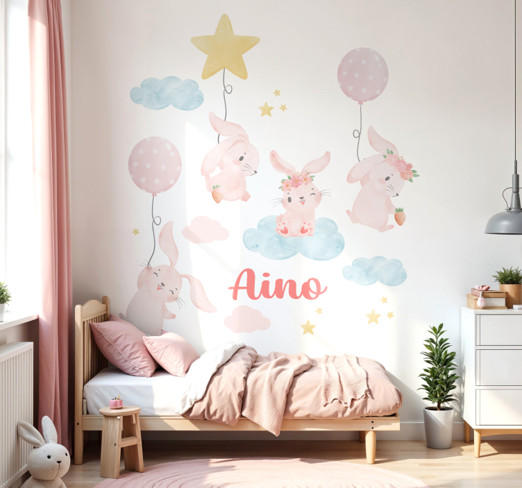Adesivo murale bambini palloncini rosa con coniglietti - TenStickers