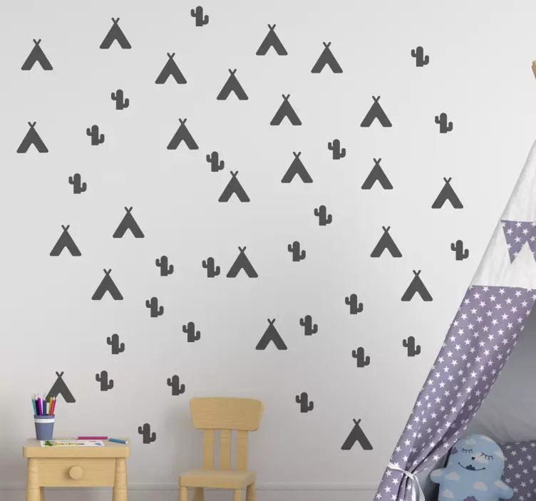 Adesivo murale bambini pattern tende e cactus - TenStickers