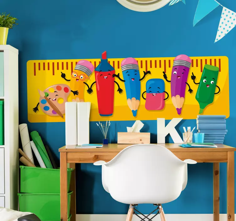 Adesivo murale bambini personaggi allegri di cancelleria - TenStickers