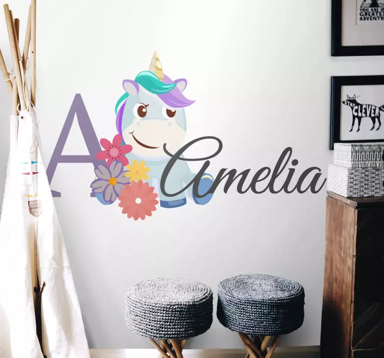 Adesivo murale bambini personalizzato unicorno carino - TenStickers