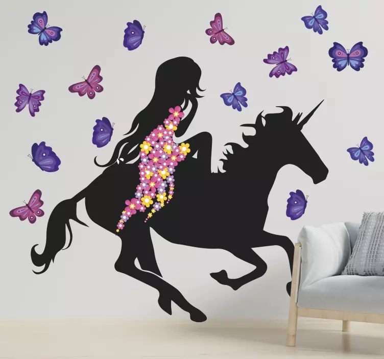 Adesivo murale bambini unicorno e farfalle - TenStickers
