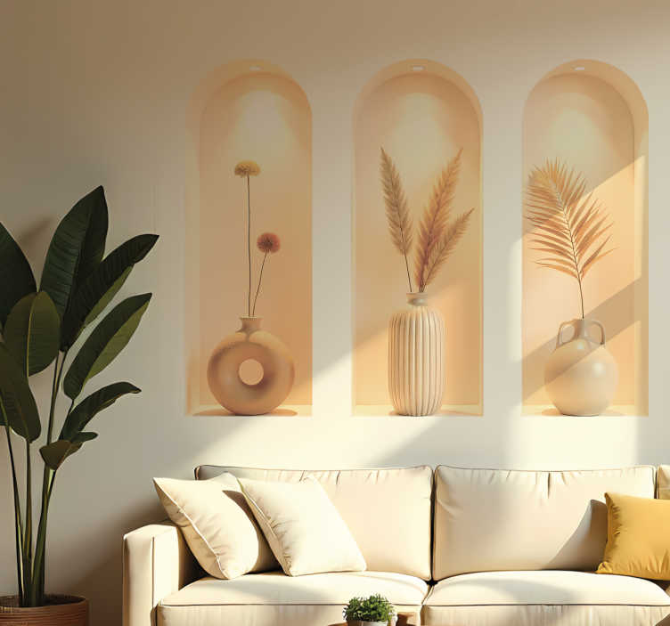 Adesivo murale illusione trittico di piante beige - TenStickers