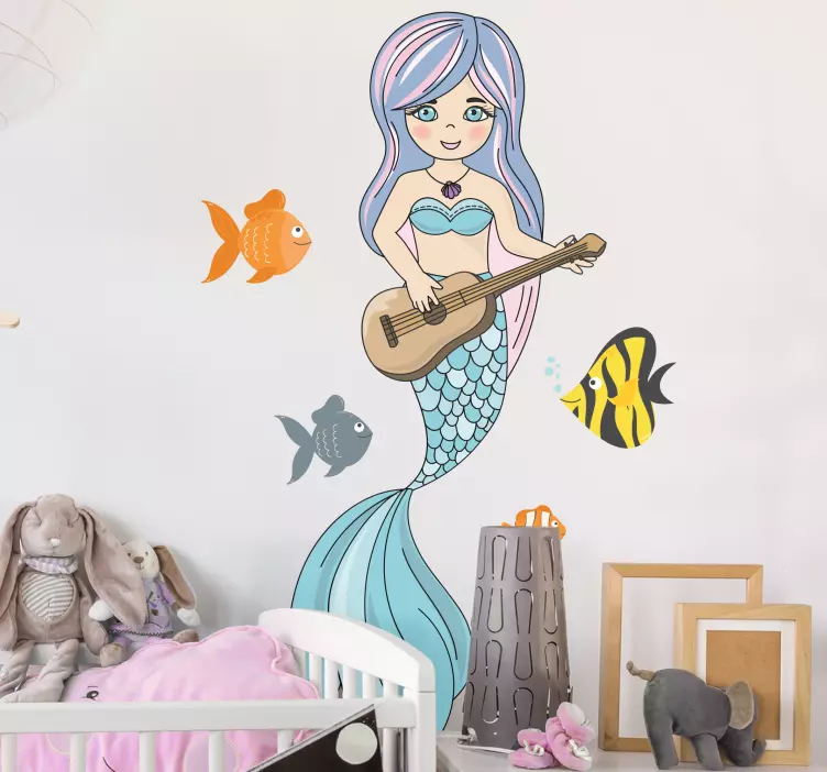 Adesivo murale bambini sirena che suona la chitarra - TenStickers