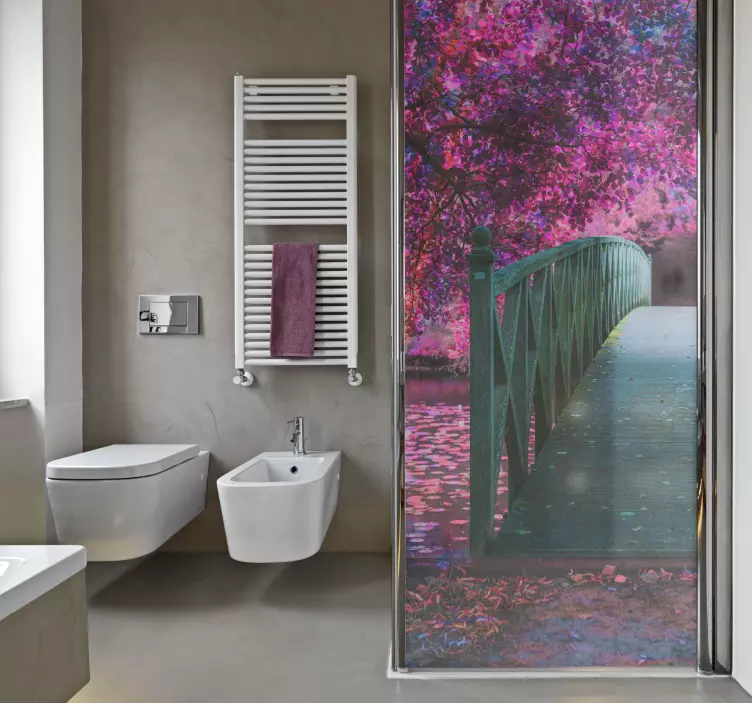 Adesivo per box doccia paesaggio ponte di legno - TenStickers