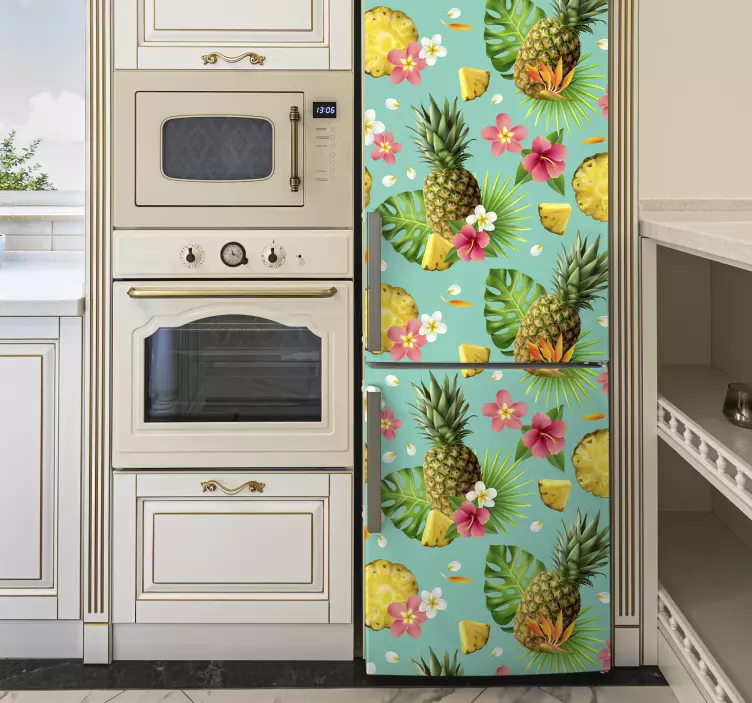 Adesivo per frigo con ananas e fiori tropicali - TenStickers