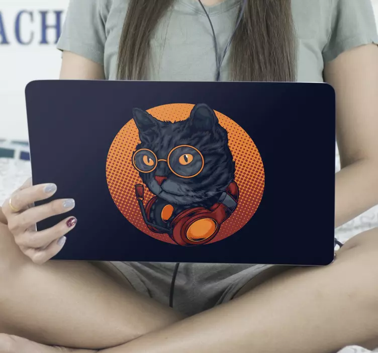 Adesivo per laptop gatto con le cuffie - TenStickers
