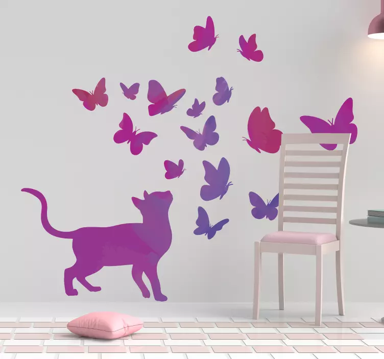 Adesivo da parete gatto con farfalle - TenStickers