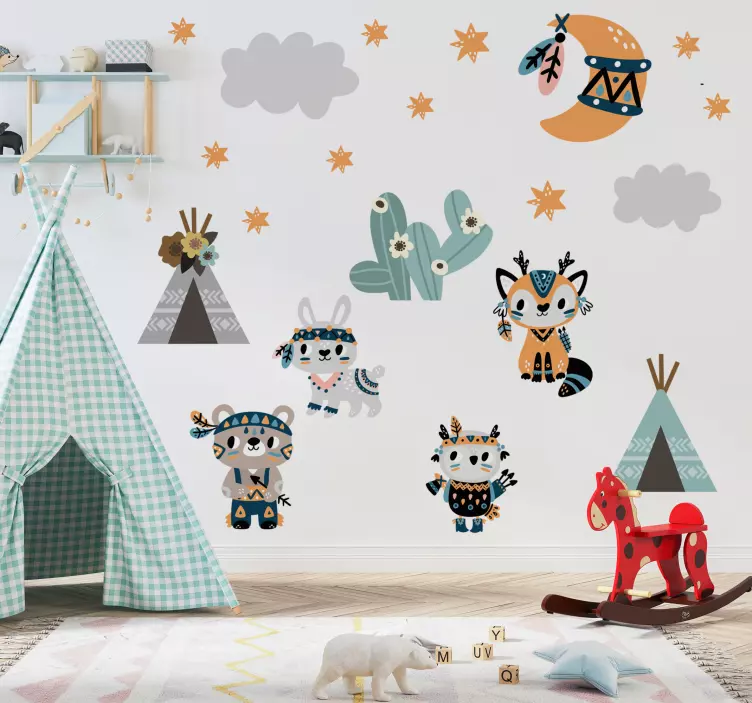 Adesivo murale illustrazione animali in stile indiano - TenStickers