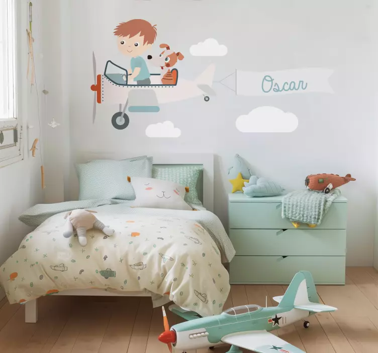 Adesivo murale illustrazione ragazzo e cane su un aereo - TenStickers