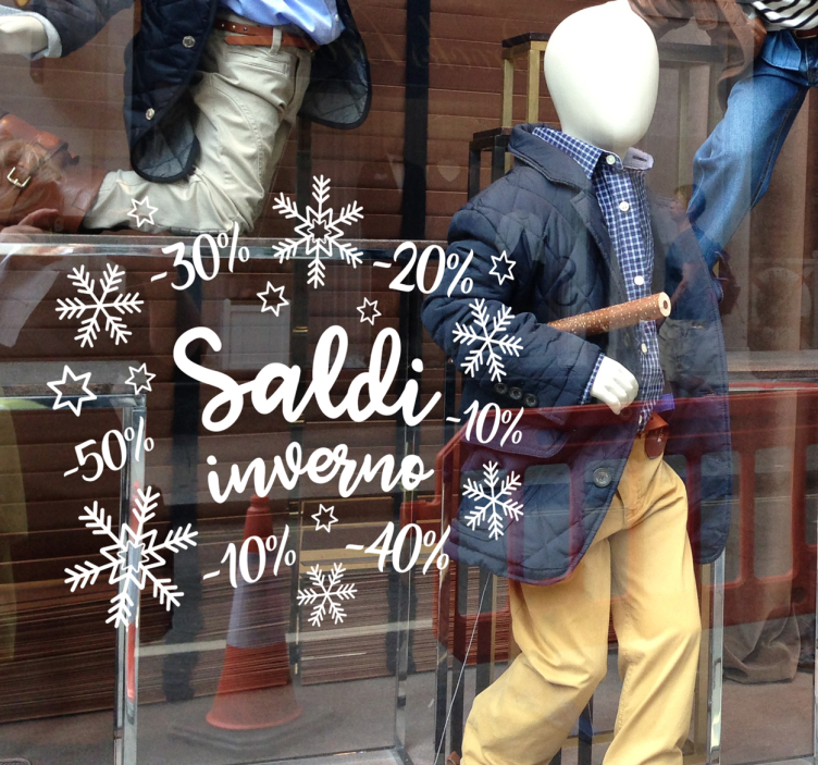Scritta saldi per vetrine inverno con fiocchi neve - TenStickers