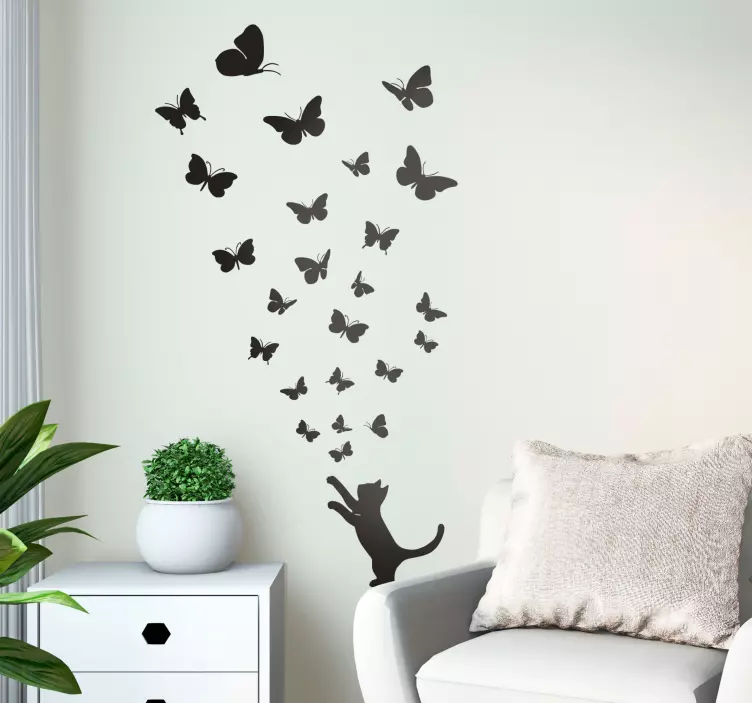 Adesivo muro gatto farfalle - TenStickers