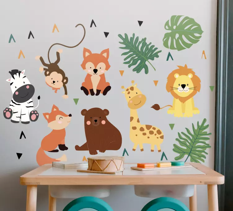 Adesivo murale bambini animali selvatici con foglie - TenStickers