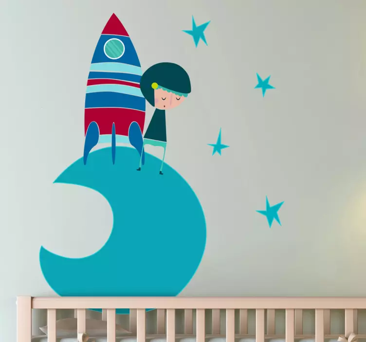 Sticker bambini astronauta luna tono azzurro - TenStickers