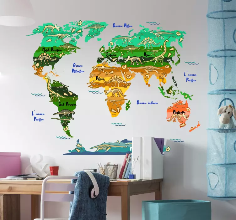 Sticker cameretta mappamondo dinosauri e nomi - TenStickers