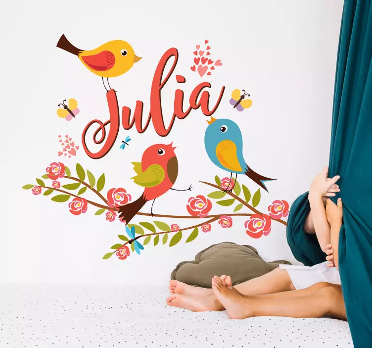 Sticker cameretta nome con fiori e uccellini - TenStickers