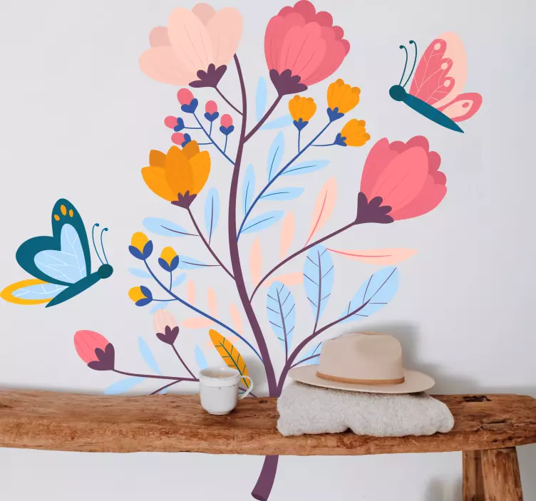 Adesivo fiore fiori vivaci con farfalle - TenStickers