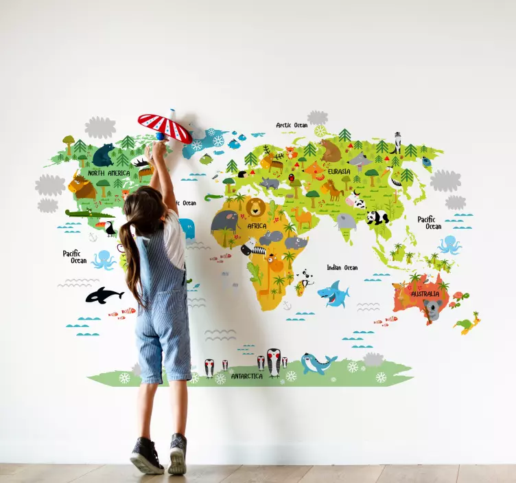 Adesivo murale con mappa del mondo e animali - TenStickers