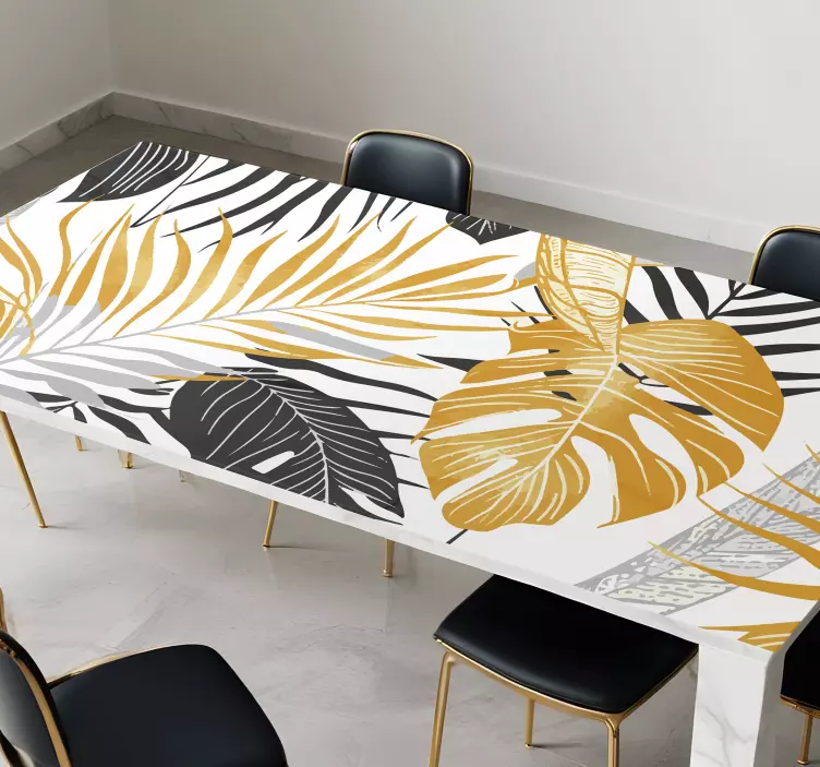 Adesivo murale sala da pranzo foglie grigio scuro e dorate - TenStickers