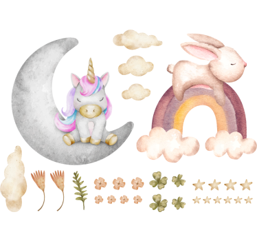 Carta adesiva per mobili acquerello coniglio e unicorno - TenStickers