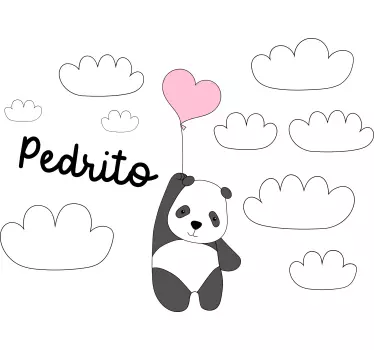 Sticker cameretta neonato Panda volante con nuvole e nome - TenStickers
