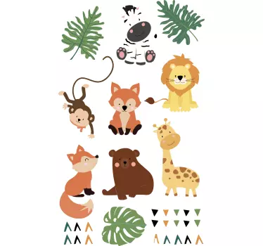 Adesivo murale bambini animali selvatici con foglie - TenStickers
