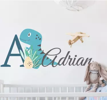 Adesivo neonato dinosauro blu con nome - TenStickers