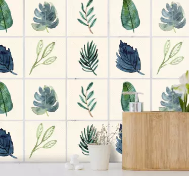 Adesivo bagno piastrelle Foglie grigie tropicali - TenStickers