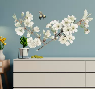 Adesivo murale con fiori bianchi e ape - TenStickers