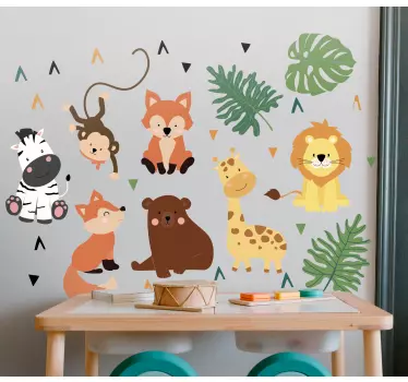 Adesivo murale bambini animali selvatici con foglie - TenStickers