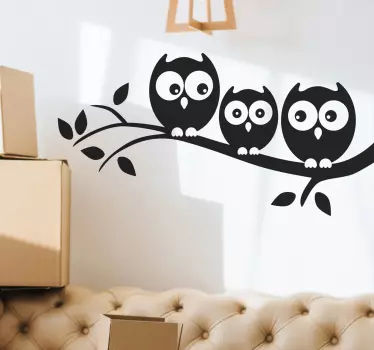 Adesivo mural soggiorno con gufi su un ramo - TenStickers