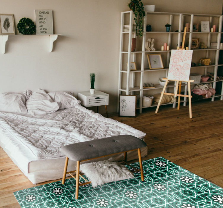 Tappeto vinile cucina piastrelle floreali verdi - TenStickers