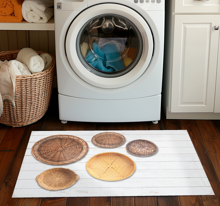 Tappeto vinile grigio cestini di vimini struttura in legno - TenStickers