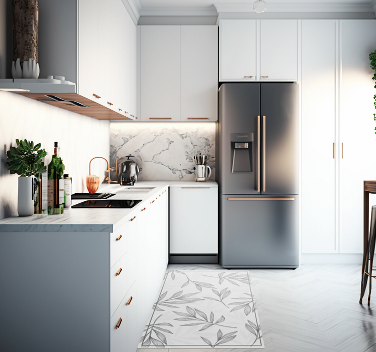 Tappeto PVC cucina foglie grigie su sfondo bianco - TenStickers